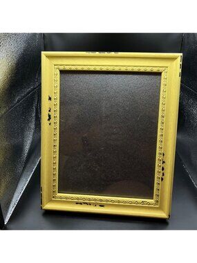 Vintage Yellow Wooden Picture Frame With Ornate Detailing & Velvet Easel Back